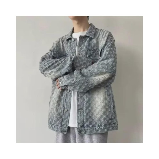 Vintage Wash Distressed Denim Jacket with Jacquard & Tie-Dye - Unisex Streetwear