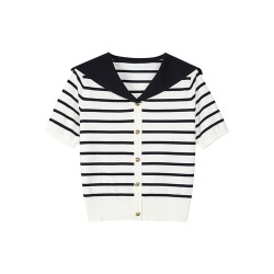 French Navy Stripe Knit Top with Sailor Collar: Flattering, Youthful Office Wear