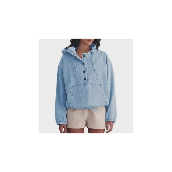 Women's Denim Hoodie Jacket with Button Front - Casual Pullover Top for Stylish Comfort