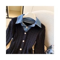 Fashion Knit Cardigan with Denim Panels and Cable Knit Design