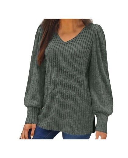 Women's Oversized Knit Thin Puff Sleeve Long Sleeve Loose Comfortable T-Shirt Top