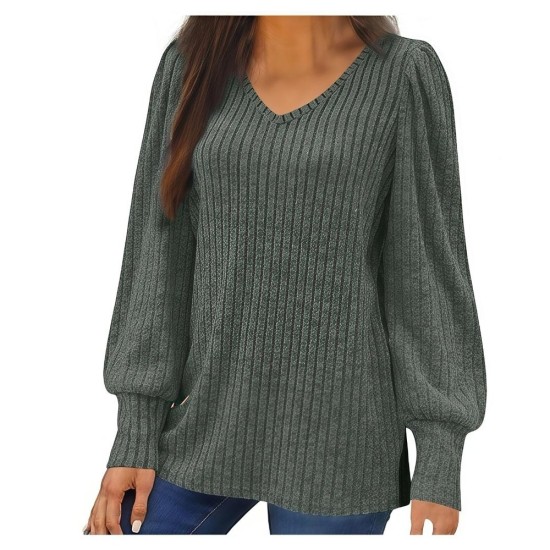 Women's Oversized Knit Thin Puff Sleeve Long Sleeve Loose Comfortable T-Shirt Top
