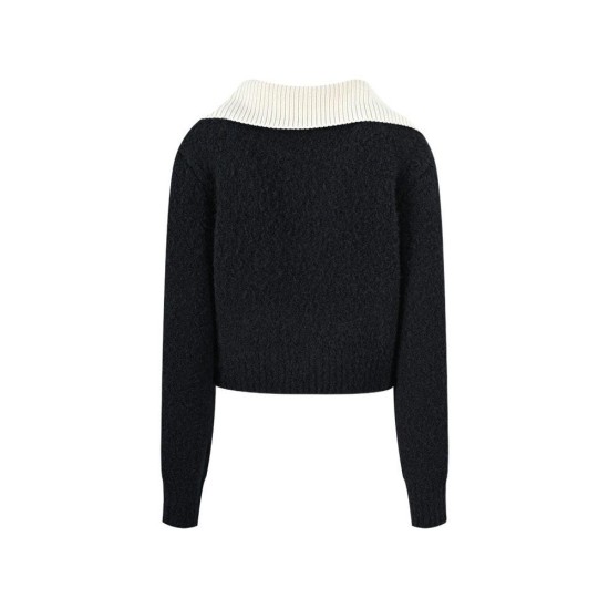 Chic Navy V-Neck Knit Top with Contrast Collar for Office Wear