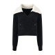 Chic Navy V-Neck Knit Top with Contrast Collar for Office Wear