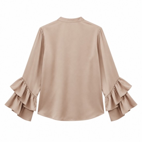 Silk Satin Blouse with Ruffle Sleeves - Elegant Long Sleeve Shirt for Women