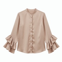 Silk Satin Blouse with Ruffle Sleeves - Elegant Long Sleeve Shirt for Women
