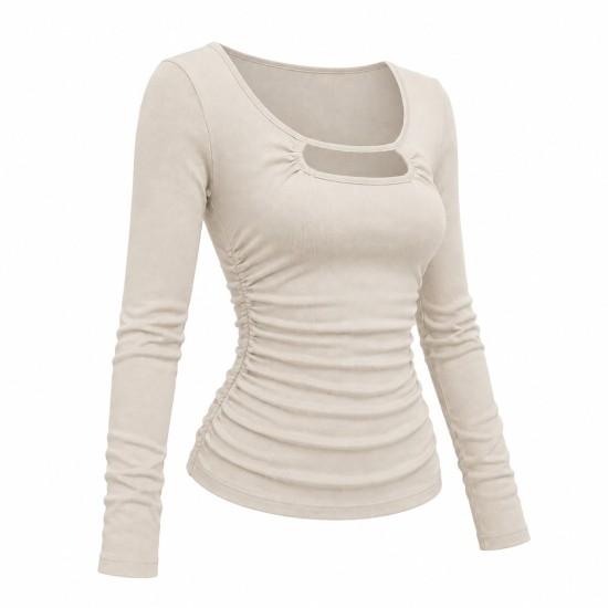 U-Neck Hollow-Out Tee for Women | Ruched Waist Slim Fit Long Sleeve Knit Top | Elegant Office Wear with Figure-Flatterin