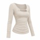 U-Neck Hollow-Out Tee for Women | Ruched Waist Slim Fit Long Sleeve Knit Top | Elegant Office Wear with Figure-Flatterin
