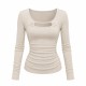 U-Neck Hollow-Out Tee for Women | Ruched Waist Slim Fit Long Sleeve Knit Top | Elegant Office Wear with Figure-Flatterin