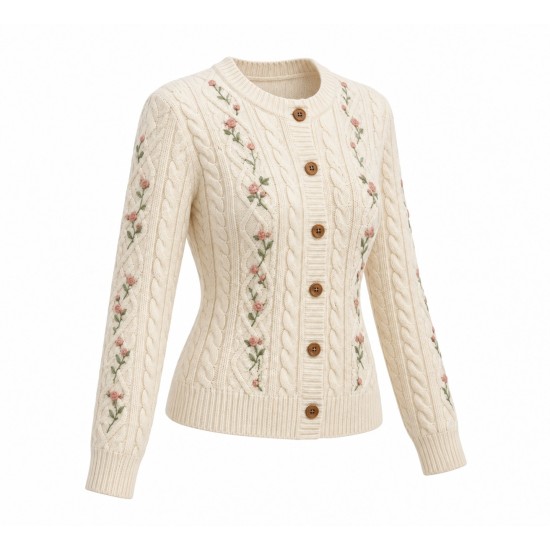 Vintage Cable Knit Cardigan with Embroidery, Slim-Fit Fall Sweater